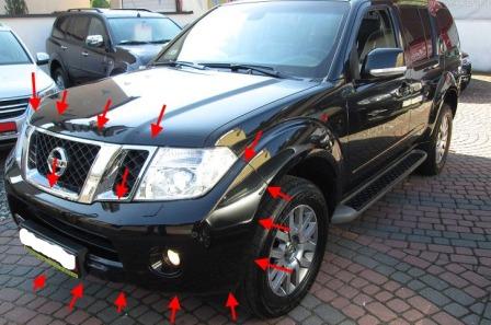 the attachment of the front bumper Nissan Pathfinder (2005-2014)